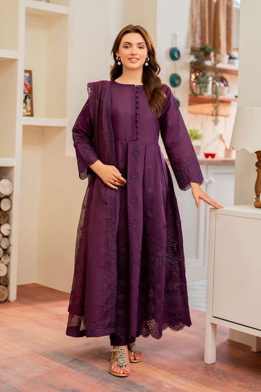Flux - 3 Pc Stitched Embroidered Frock with Net Dupatta