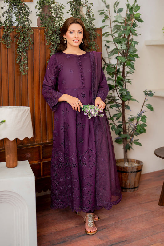 Flux - 3 Pc Stitched Embroidered Frock with Net Dupatta